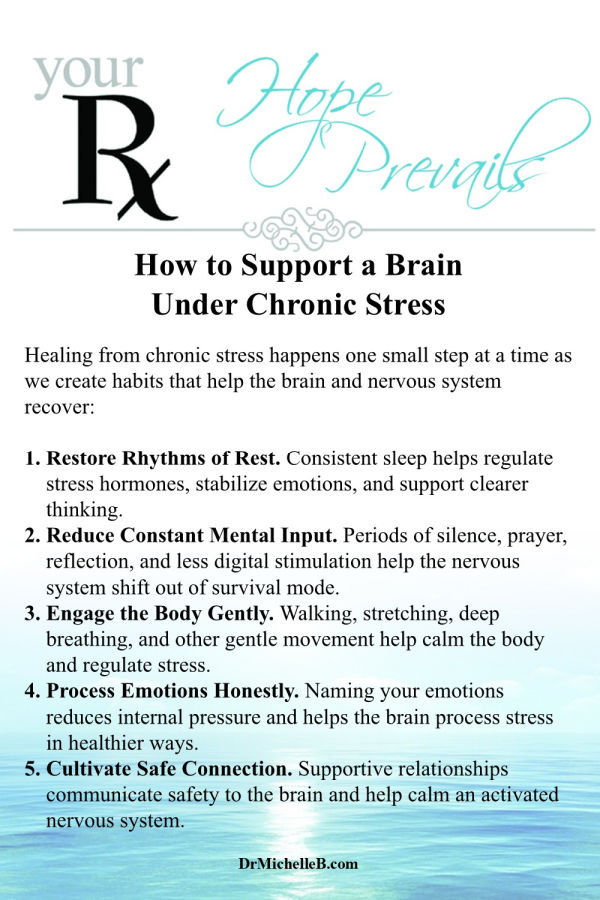 When stress becomes a constant companion, your brain and nervous system need intentional care. These five simple, science-backed and faith-friendly practices can help support emotional regulation, mental clarity, and greater peace. If you've been living under prolonged pressure, learning how to support a brain under chronic stress is an important step toward healing. Save this graphic so you'll have these reminders nearby the next time stress starts taking over.