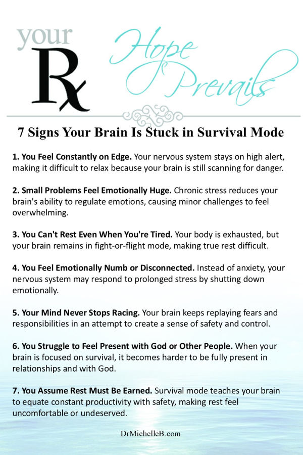 Do you stay on high alert even when nothing is wrong? These 7 signs can help you recognize when your brain is stuck in survival mode so you can understand what's happening beneath the surface and begin taking small, faith-filled steps toward healing and lasting peace. Learn what your nervous system may be trying to tell you, and SAVE this pin so you can revisit these signs whenever you need the reminder. 
